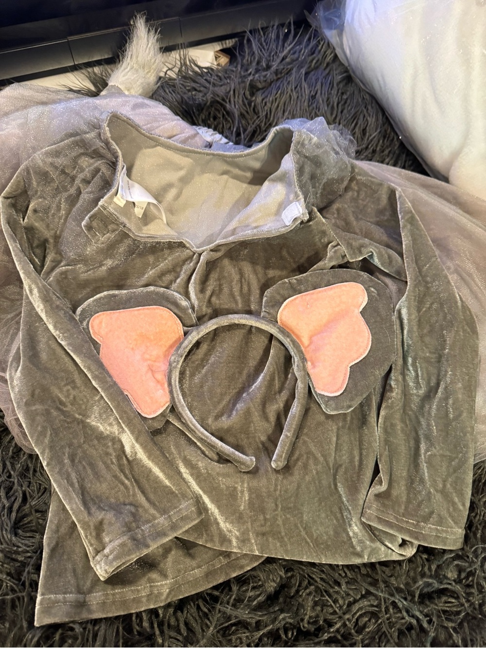Pottery Barn Kids Gray Velvet Elephant Top with Pink Ear Headband